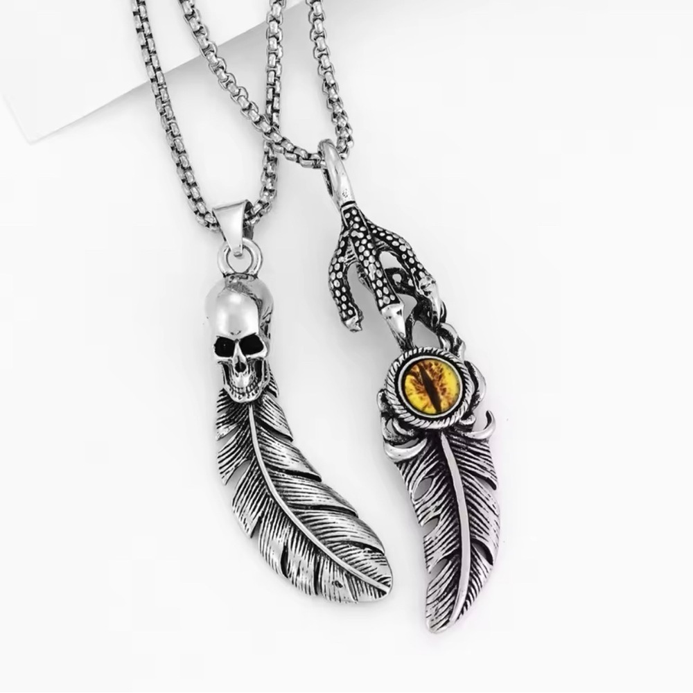 2 Pc Platinum Feathers W/ Skull & Eagle Eye & Talon Punk Bohemian Necklace Set - Picture 4 of 6